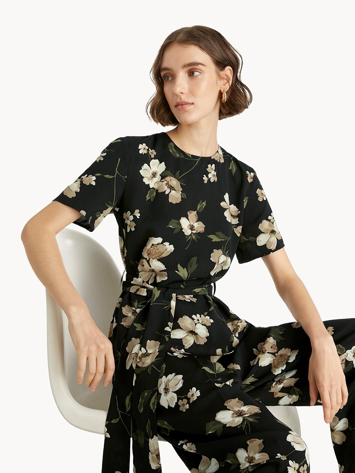 Tie Waist Floral Blouse - Black
