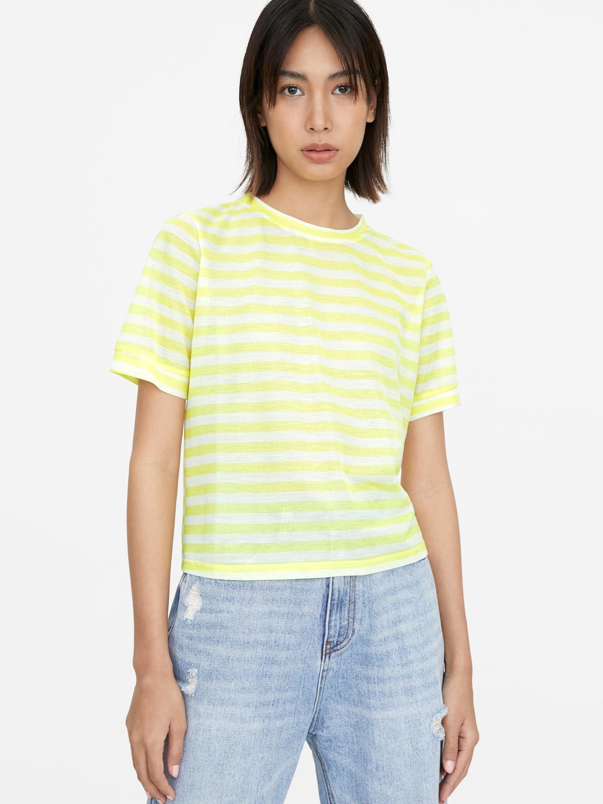 Striped Loose Crew Neck Tee - Yellow