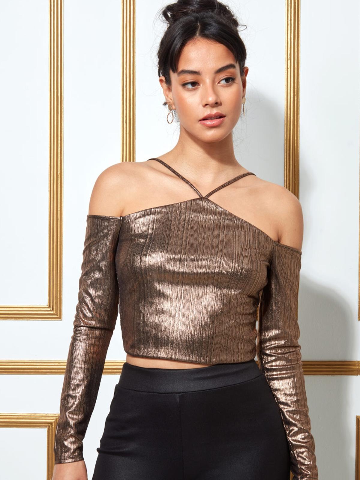 Metallic Cut Out Crop Top - Blackgold