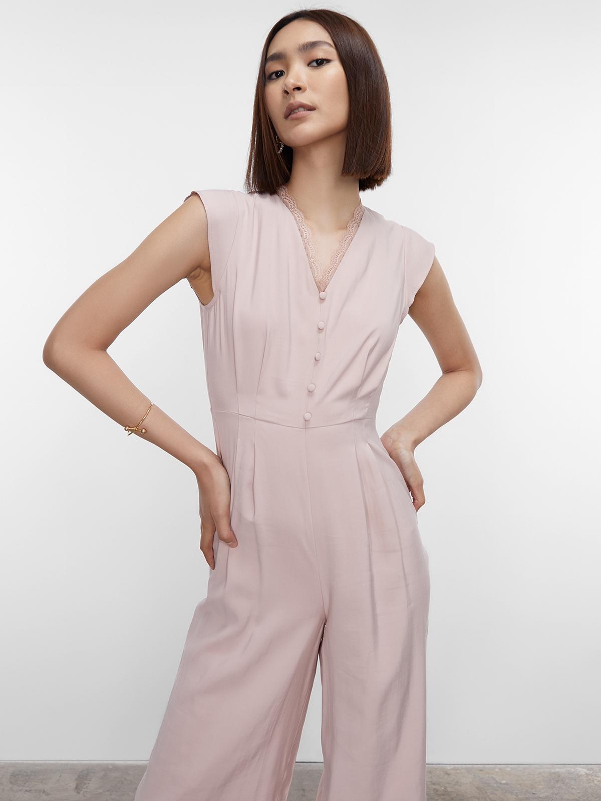 Lace V Neckline Jumpsuit - Pink