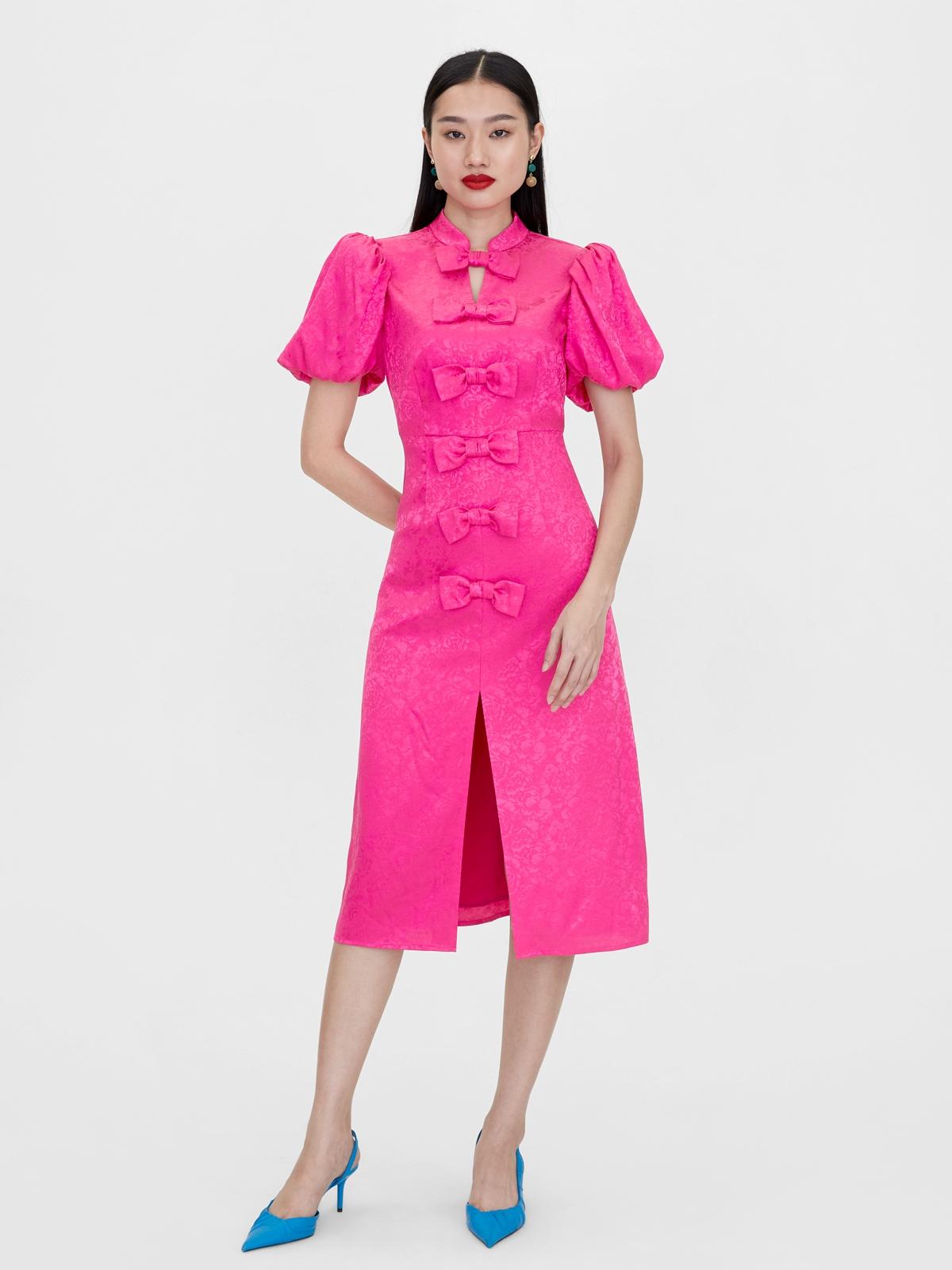 Front Bow Detail Dress - Fuchsia