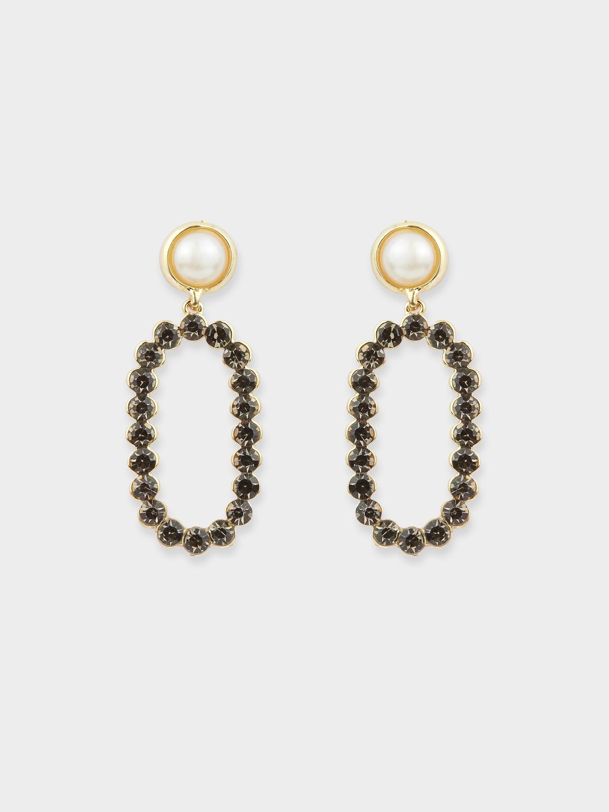 Oval Shaped Crystal Hoop Earrings - Dark Grey