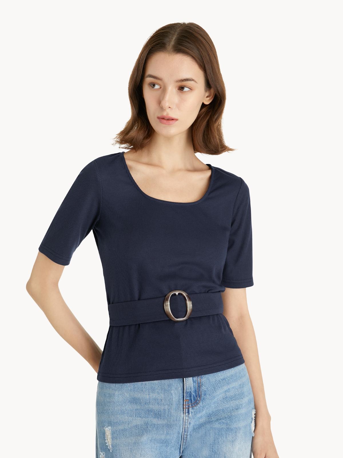 Belted U Neck Top - Navy