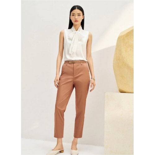 Stretchable Satin Cigarette Cropped Pants with Belt