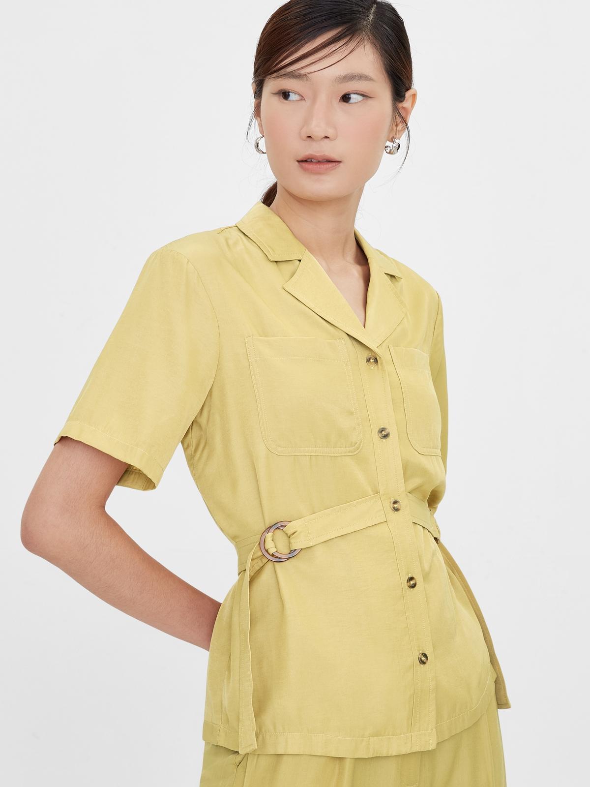 Double Buckle Short Sleeves Blazer - Yellow