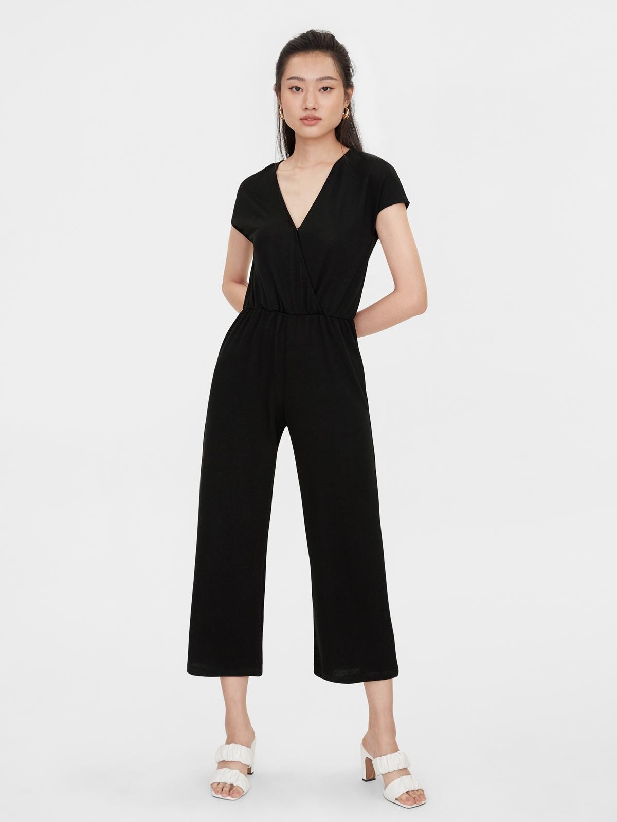 V Neck Elastic Waist Jumpsuit - Black
