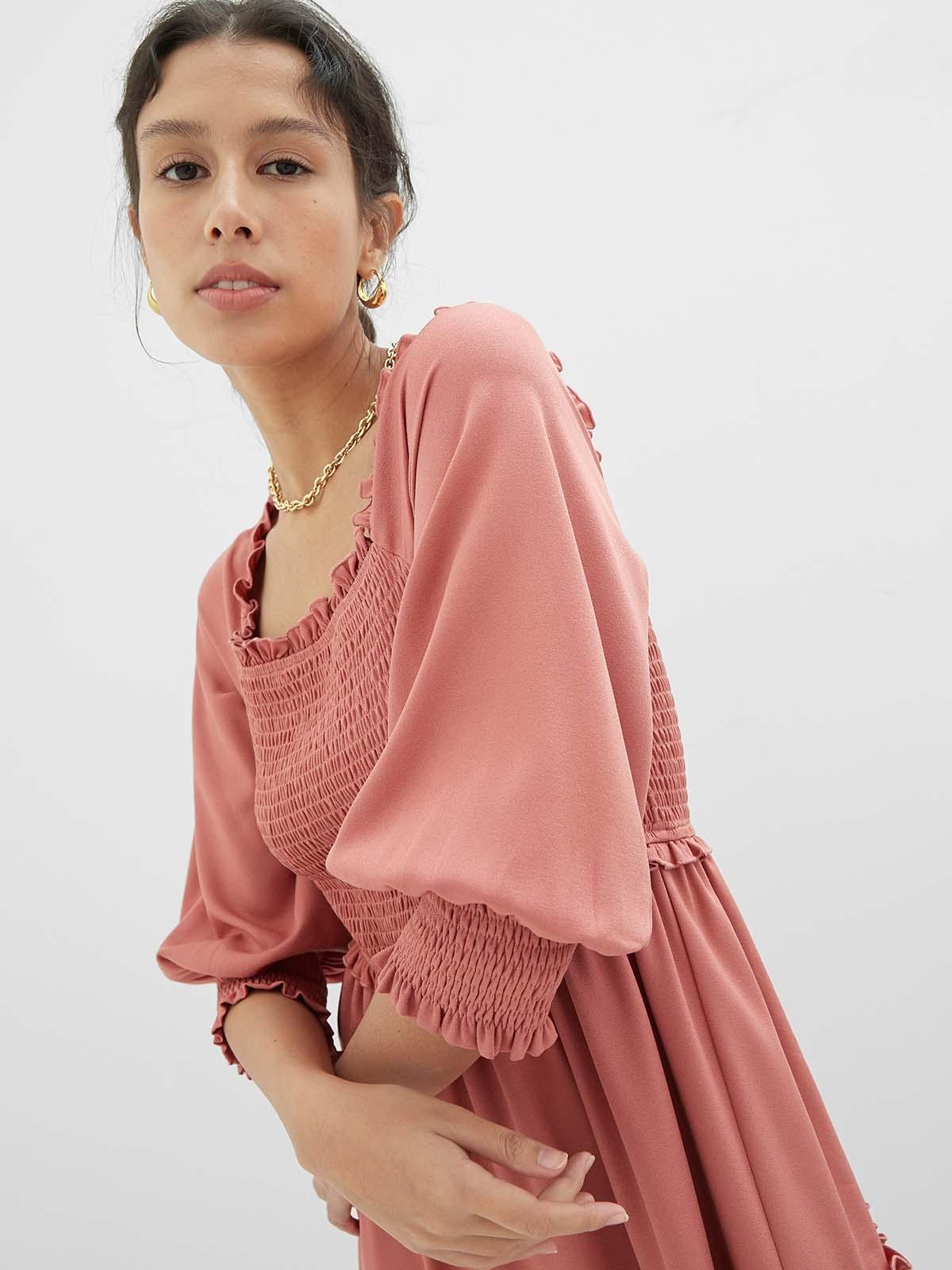 Sustainable Smocked Square Neck Dress - Coral Red