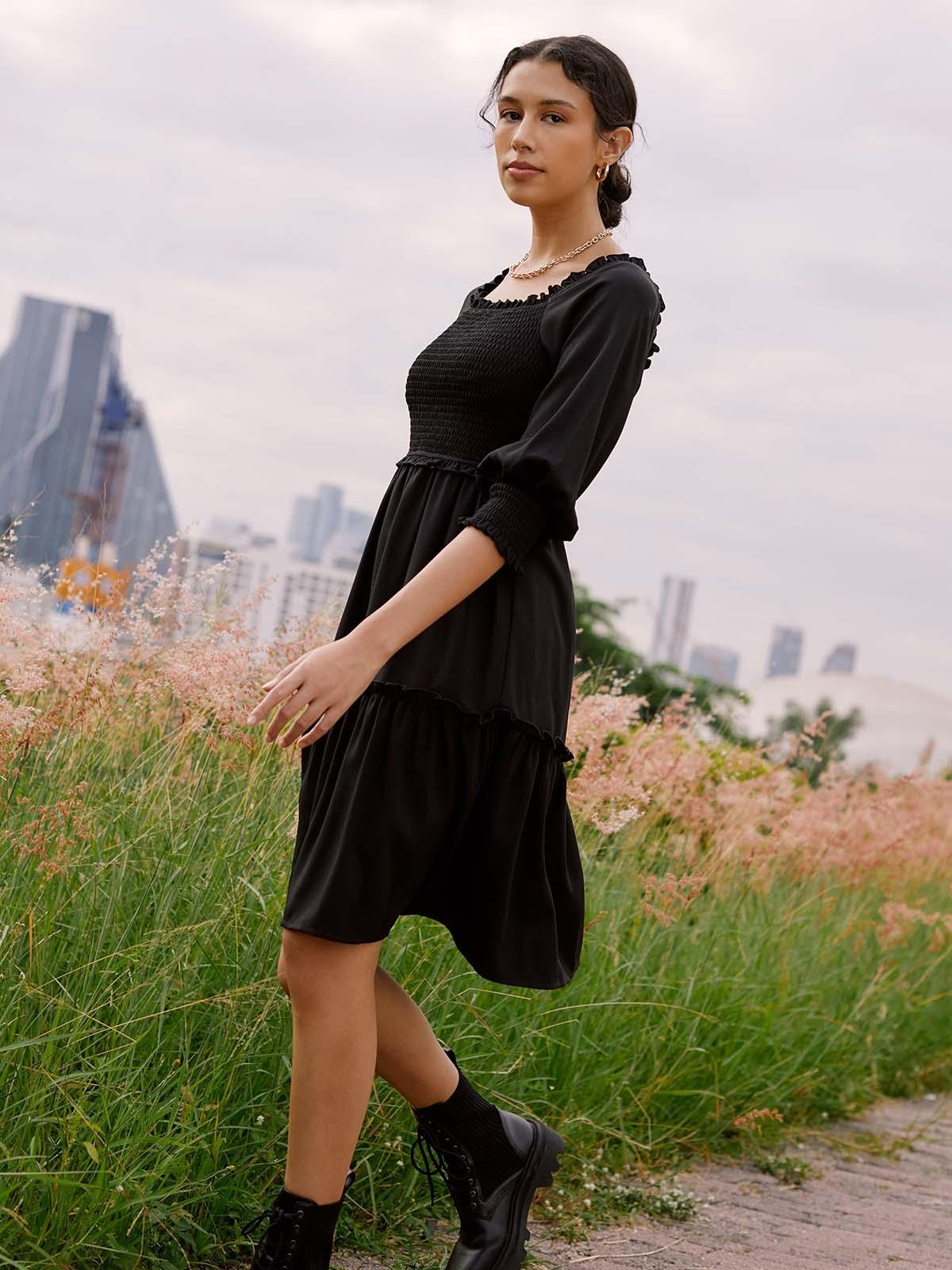 Sustainable Smocked Square Neck Dress - Black
