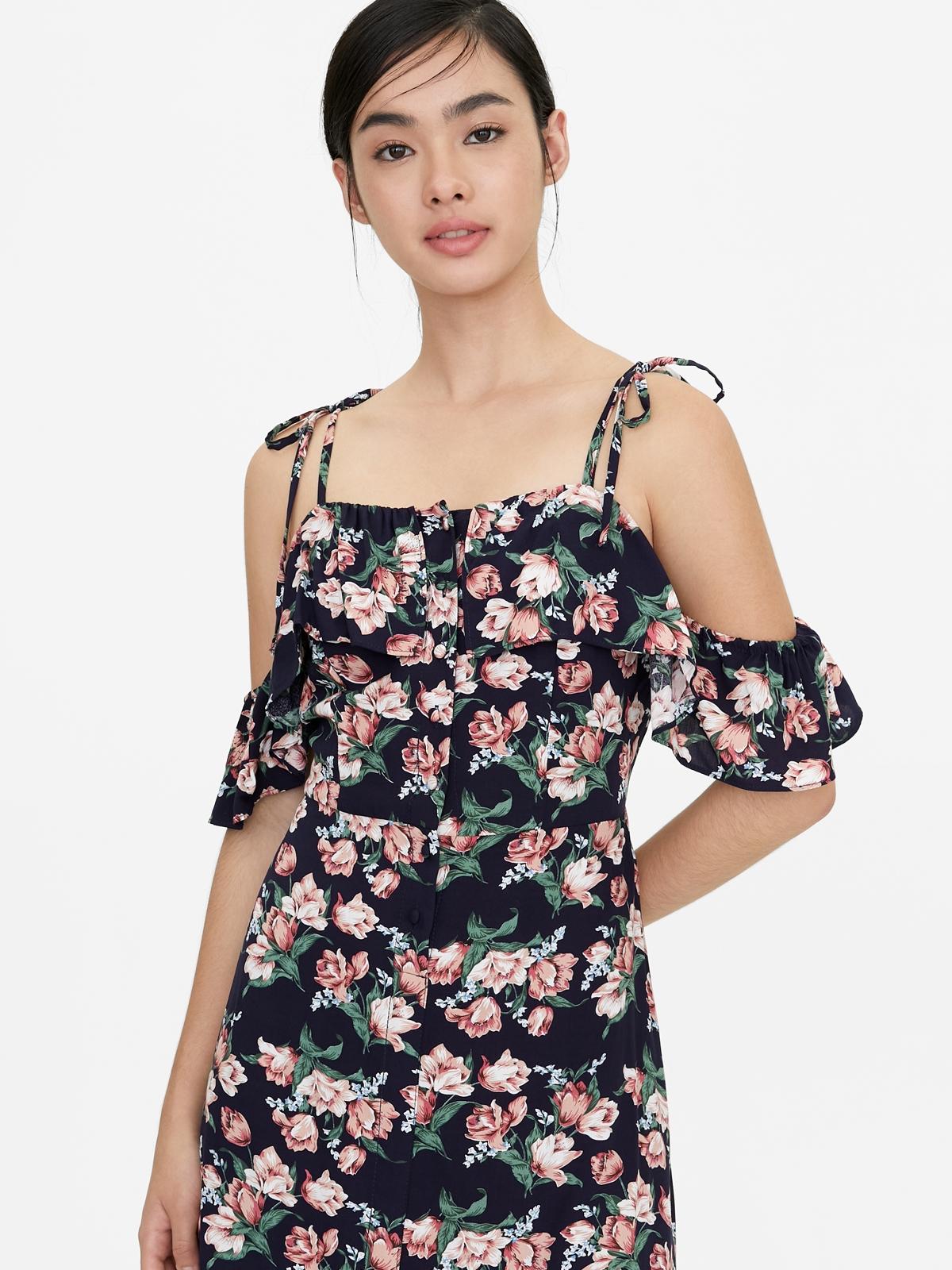 Rose Print Cold Shoulder Dress - Navy