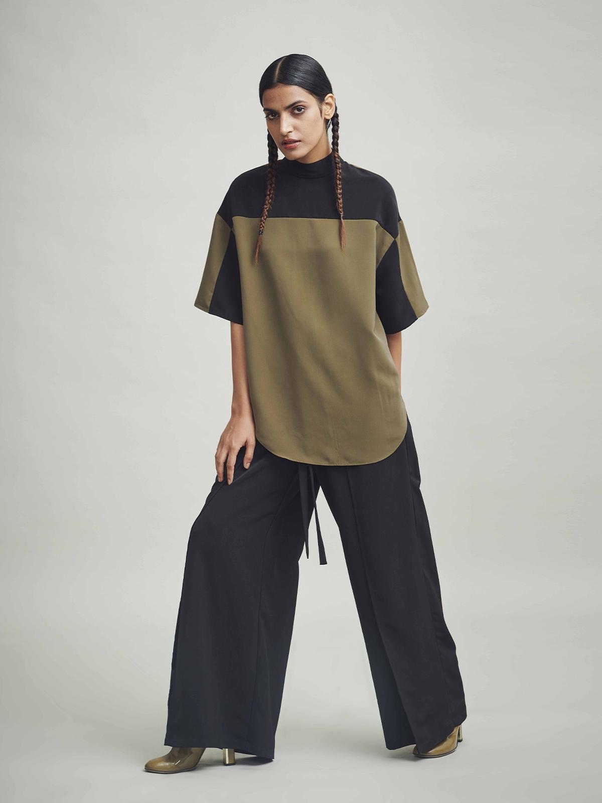 Colour Block Blouse - Black