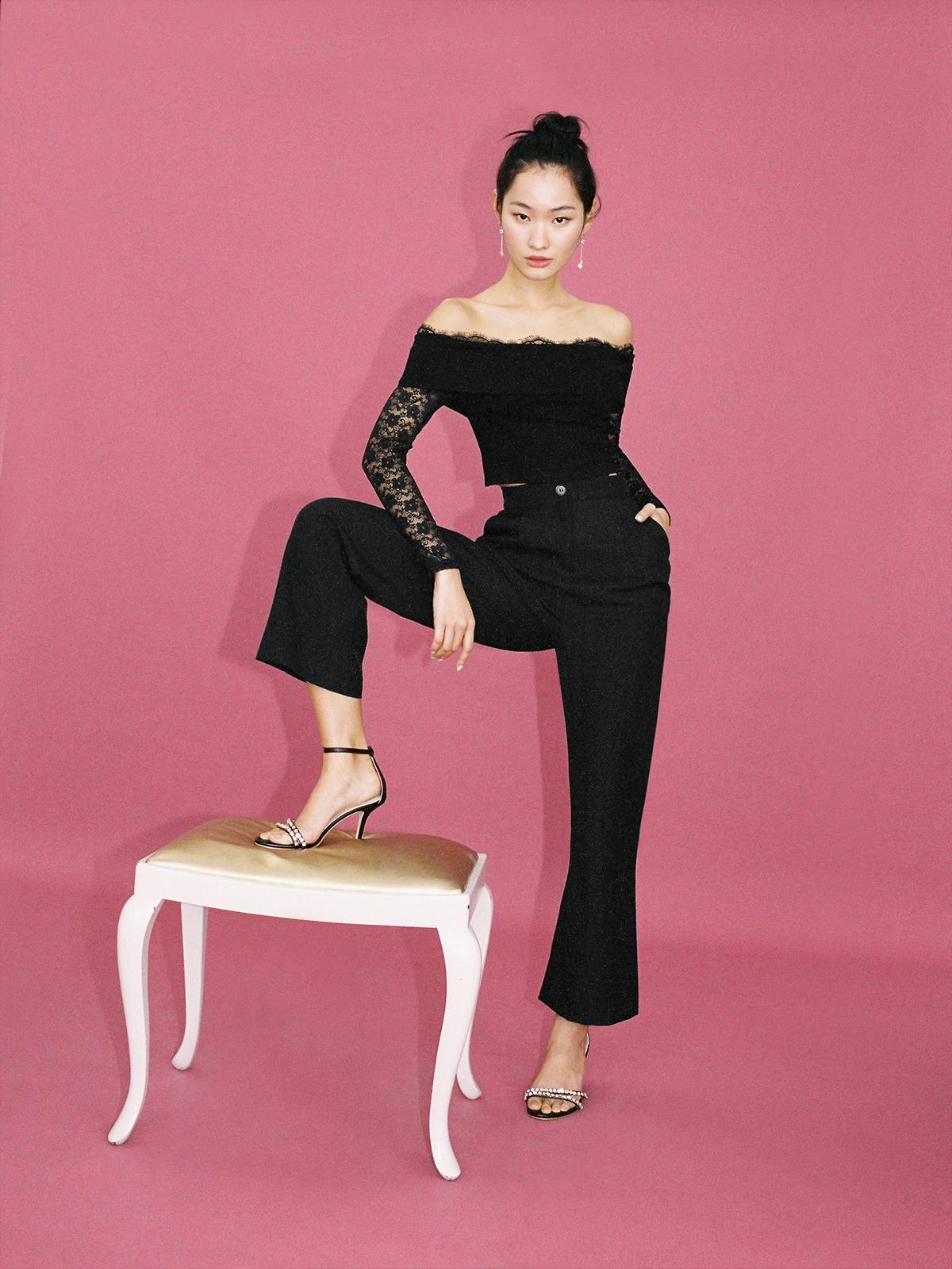 Off Shoulder Lace Accent Top - Black