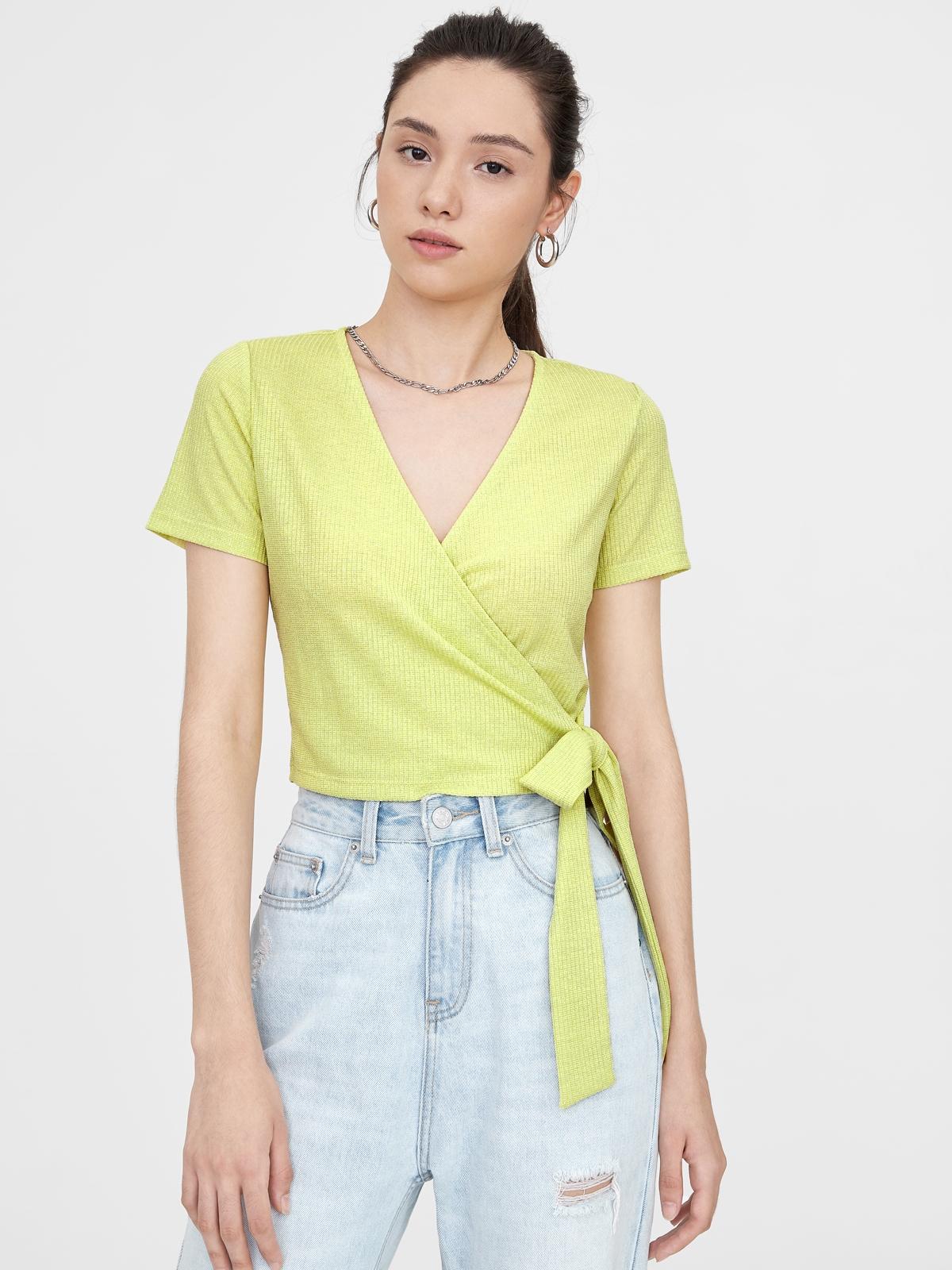 Ribbed V Neck Bow Tie Top - Yellow