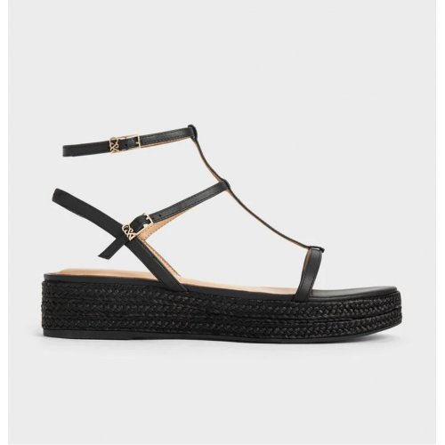 Leather T-Bar Espadrille Sandals - Black