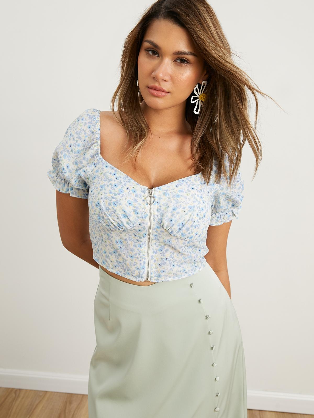 Floral Sweetheart Crop Top - Blue