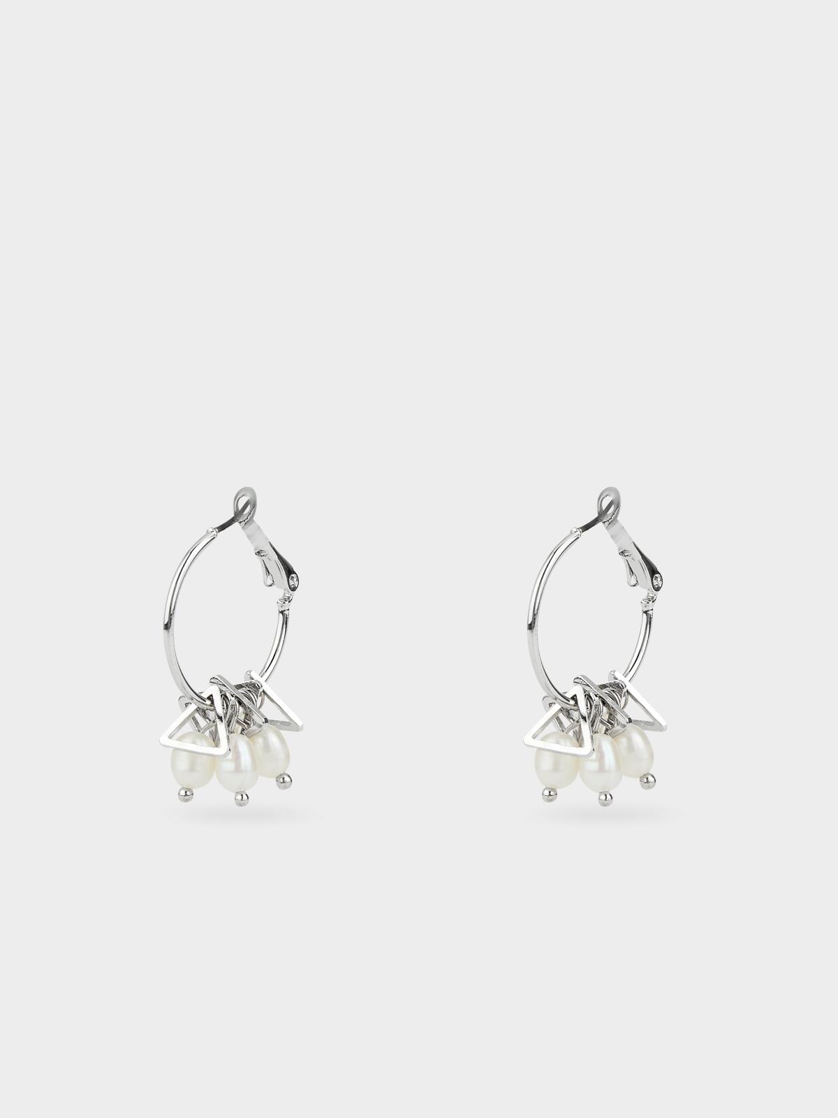 Stacked Triangle Pearl Drop Earrings - Silver