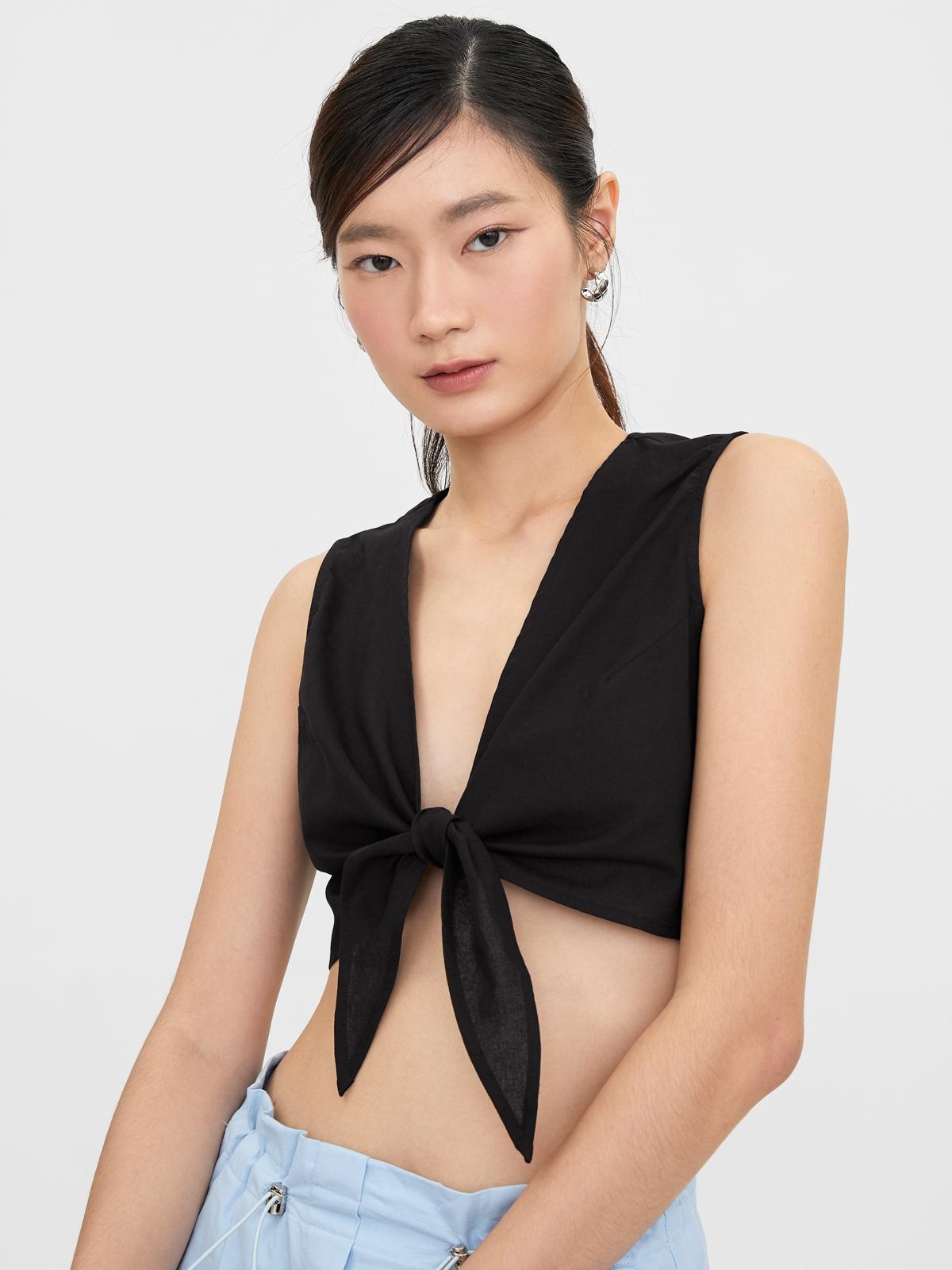 Tie Front V Neck Crop Top - Black