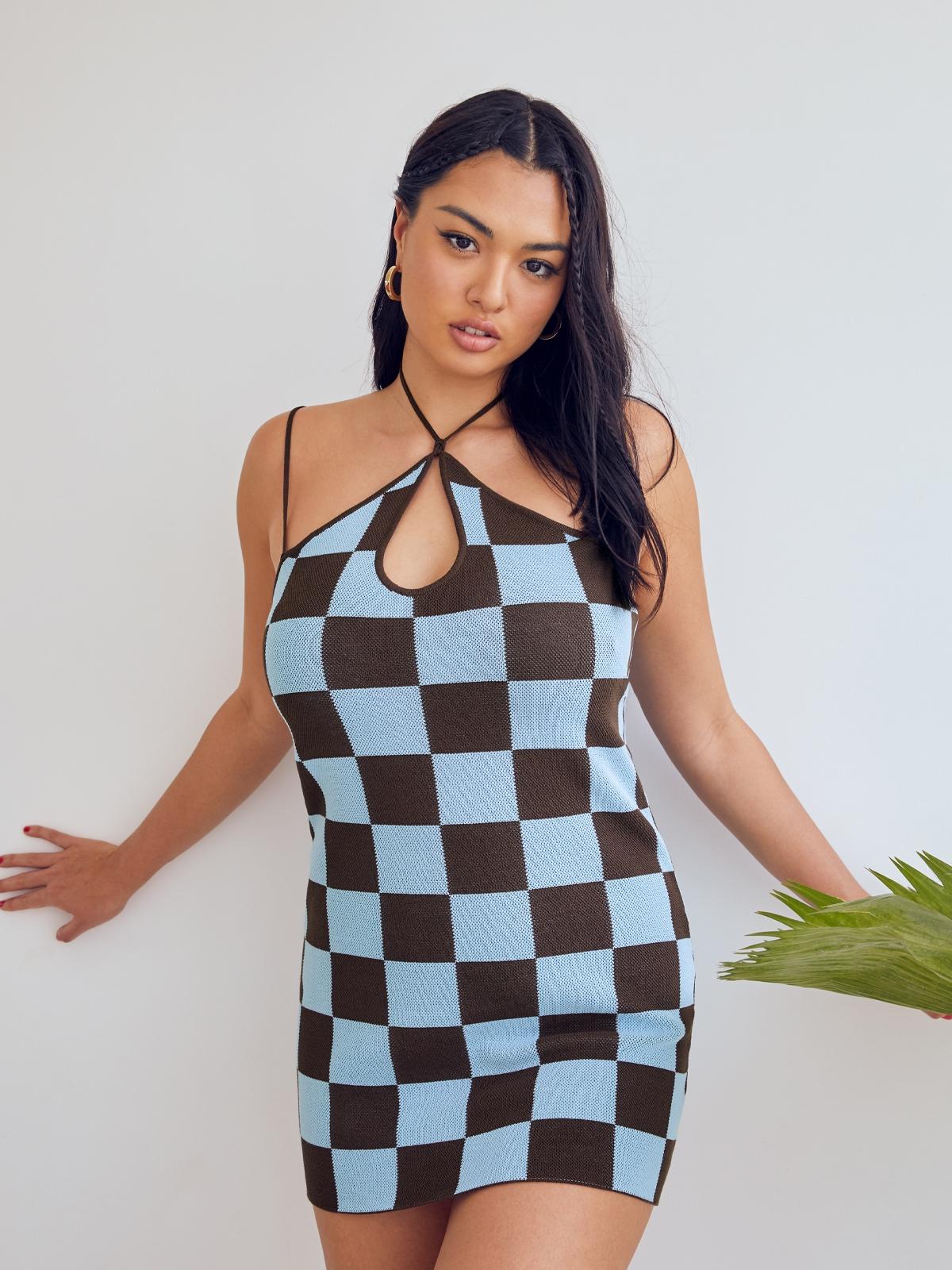 Checkered Halter Keyhole Dress - Brown