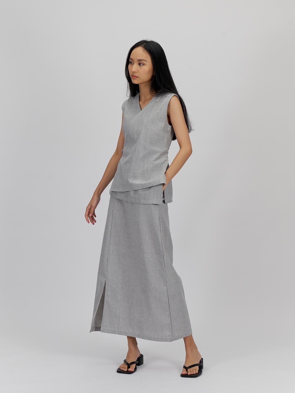Asa Front Slit Skirt - Dust Blue Stripe