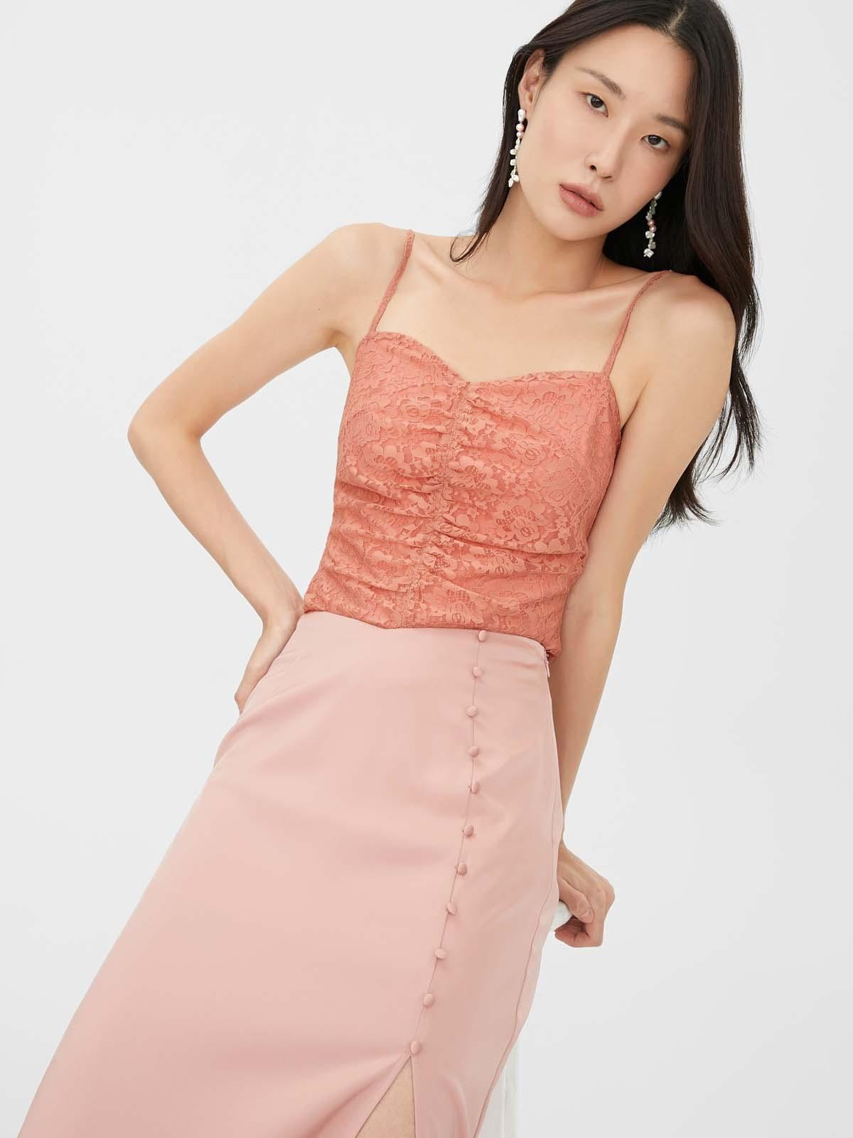 Lace Accent Sweetheart Neck Cami Top - Brown