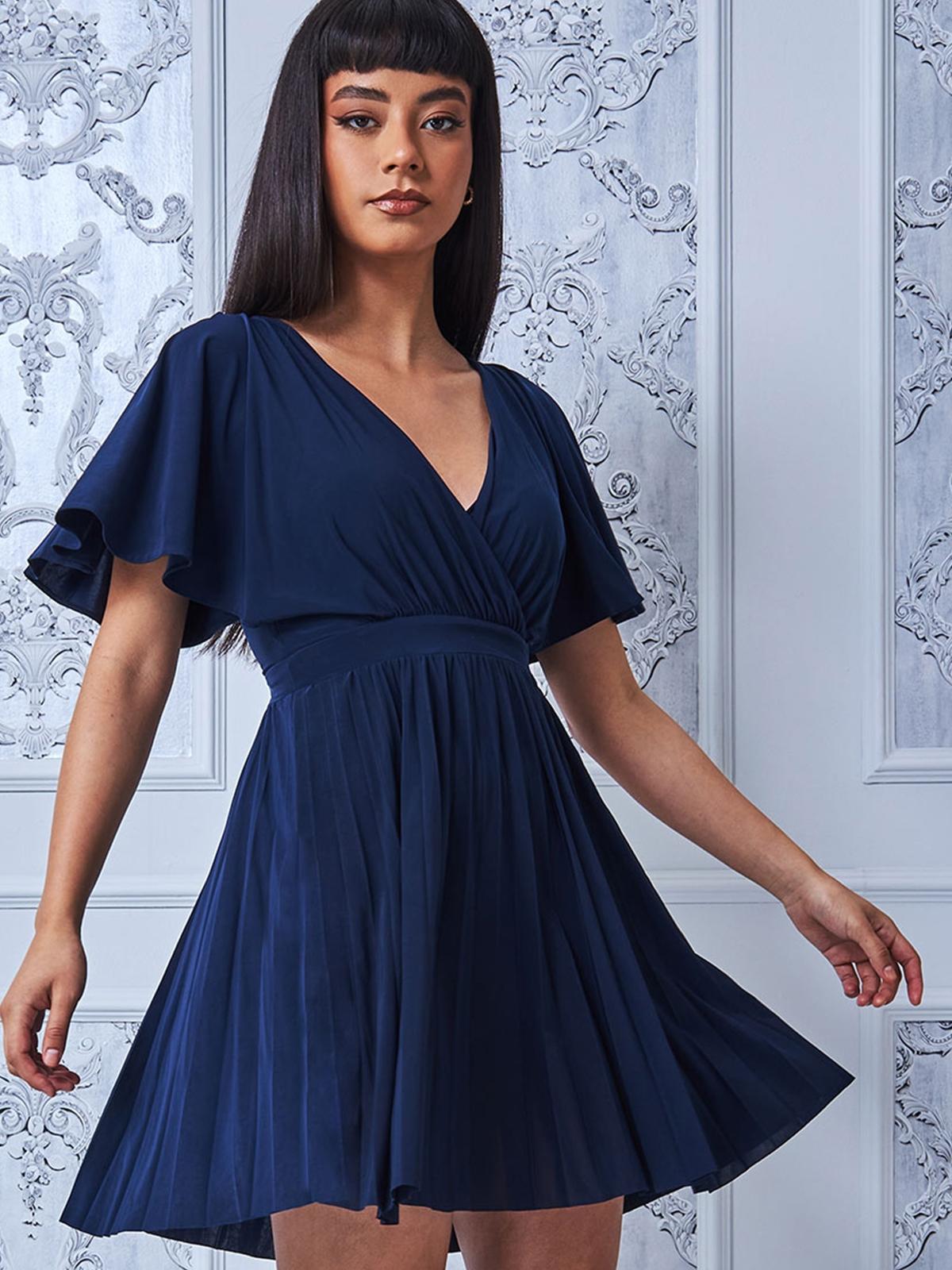 Flutter Sleeve Wrap Mini Dress - Navy