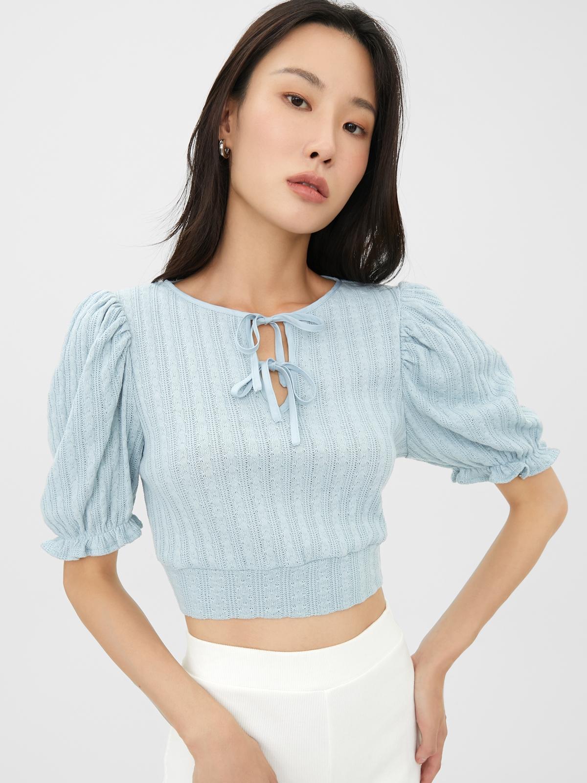 Tie-Front Puffed Sleeve Crop Top - Blue