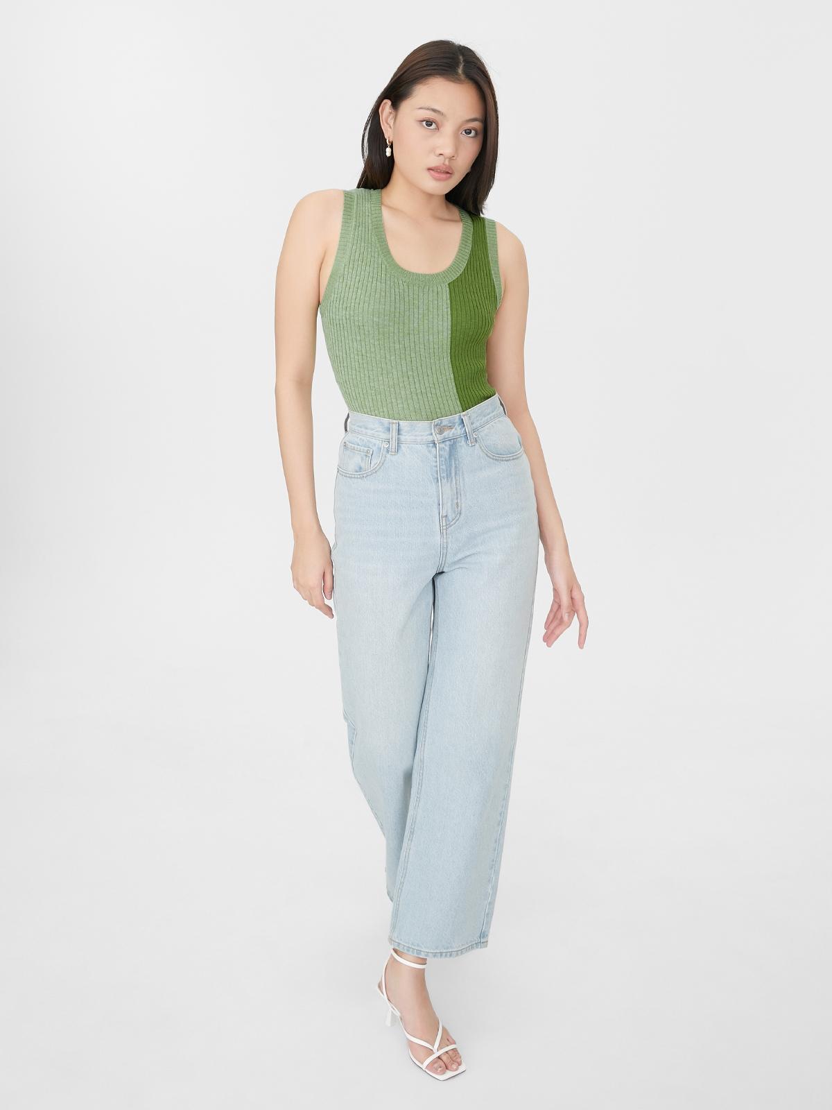 Sustainable RIbbed Knit Two Tone Tank - Green