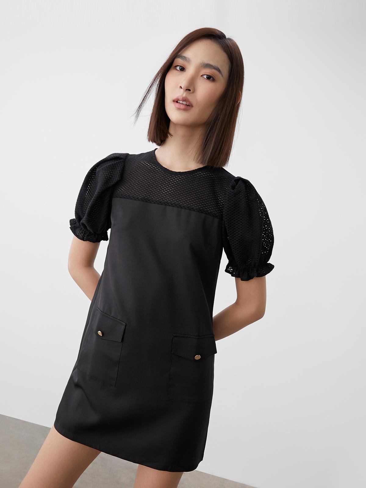 A-Line Puffed Sleeve Mini Dress - Black