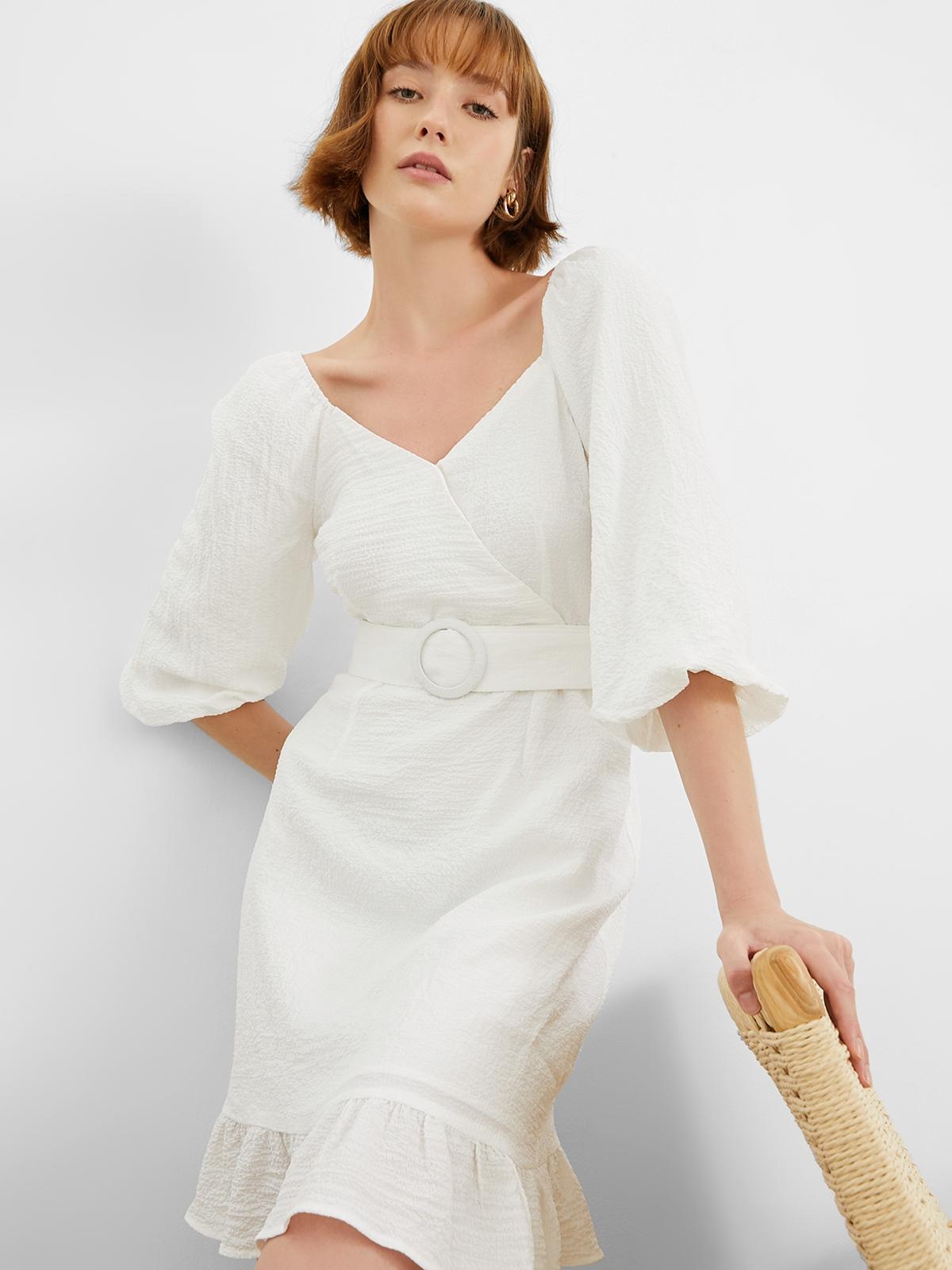 Ribbed Half Sleeve With Belt Mini Dress - White