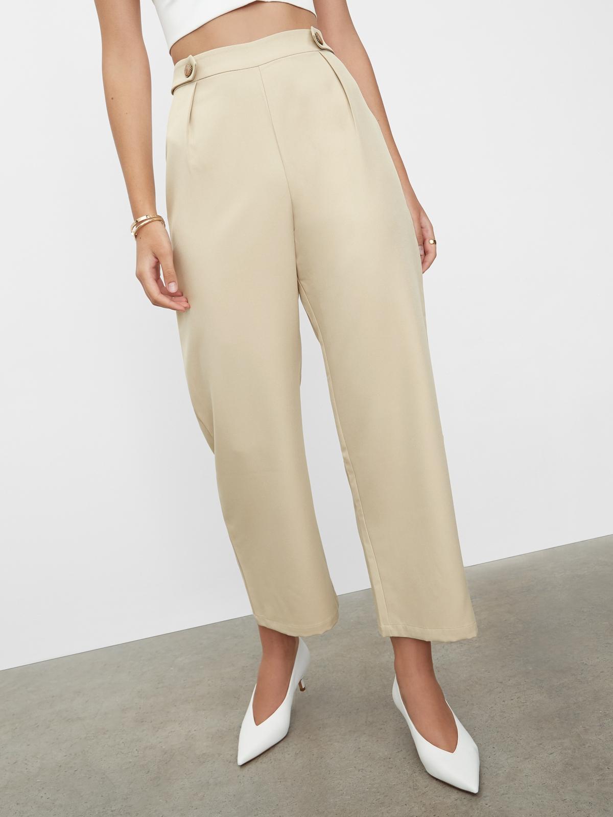 Side Buttoned Wide Leg Pants - Beige
