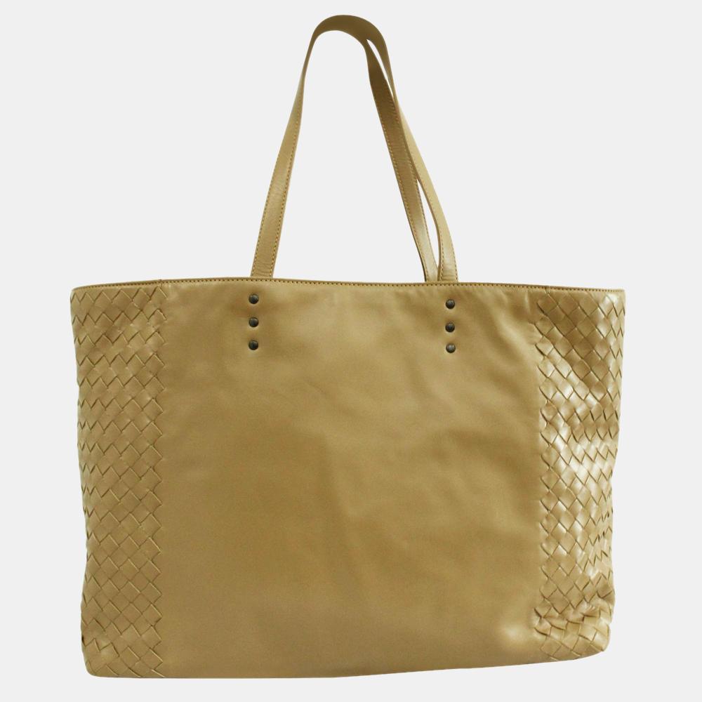 Bottega Veneta Beige Leather Intercciato Tote Bag