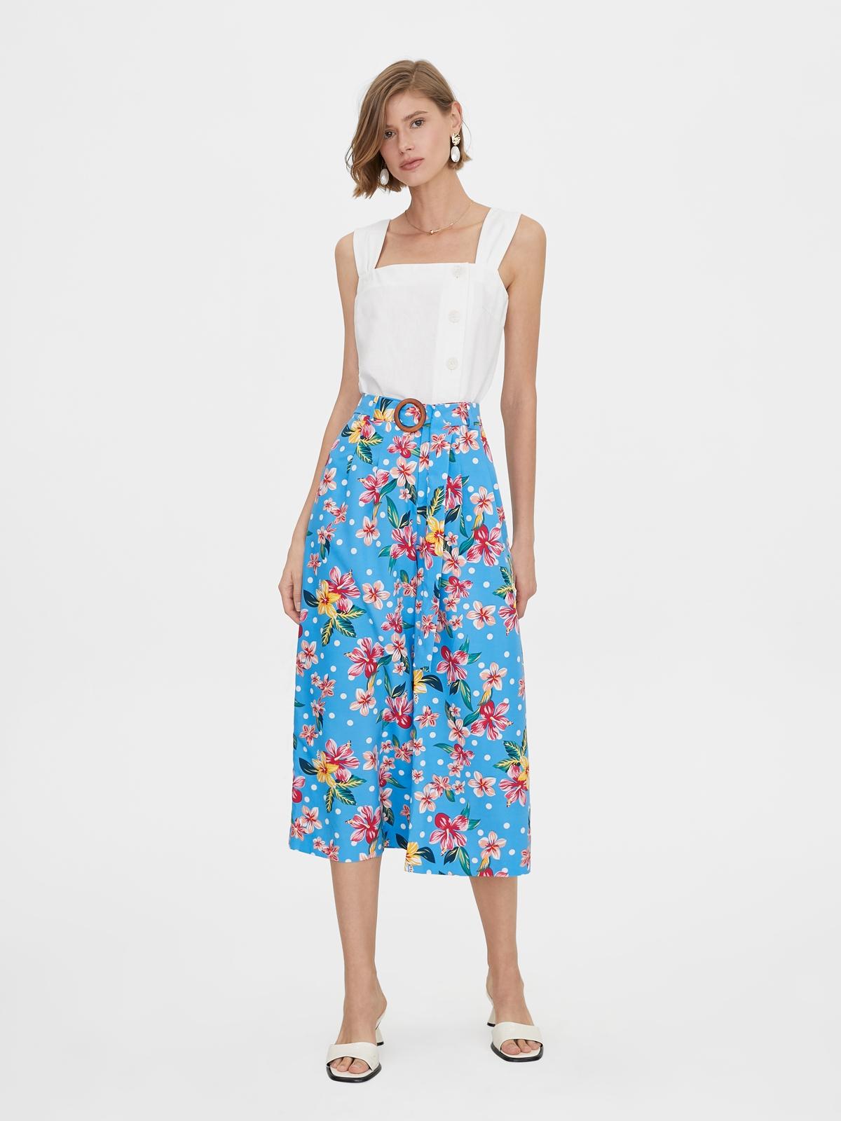 Tropical Buckle Belt Wide Leg Pants - Blue