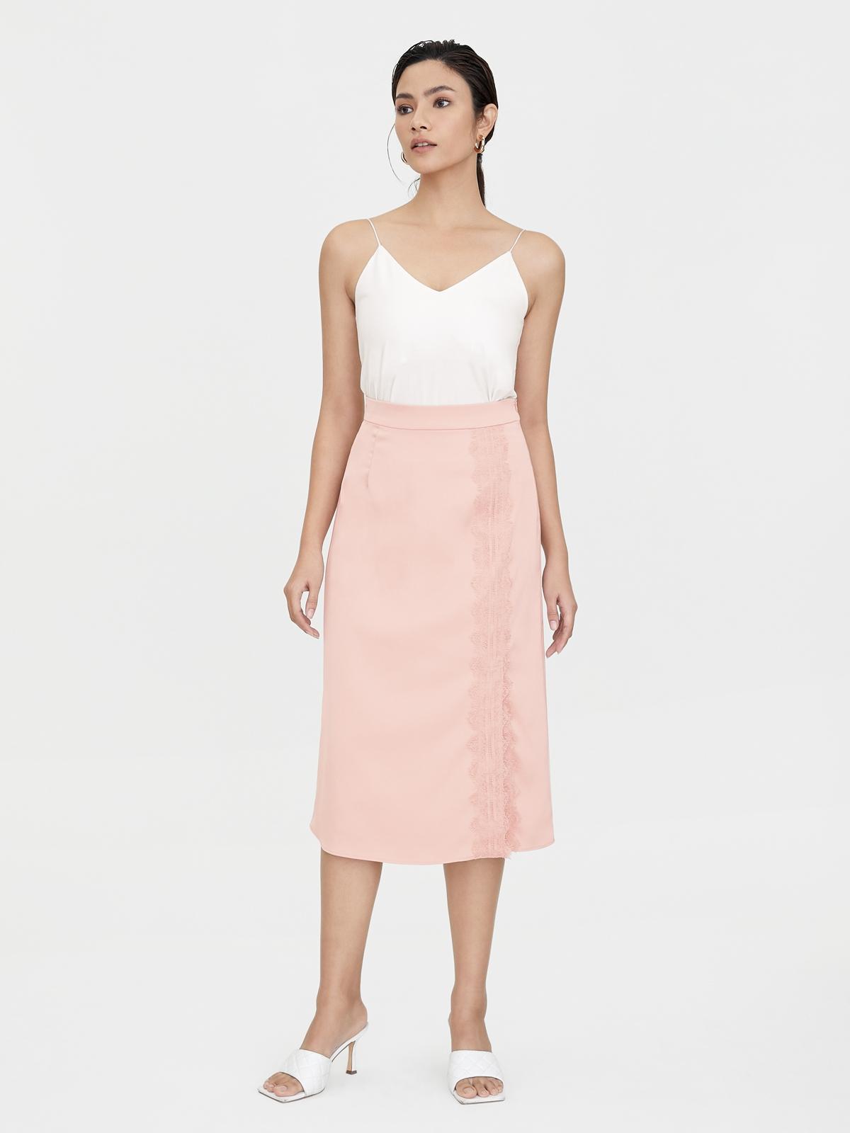 Satin Lace Side Slit Skirt - Pink