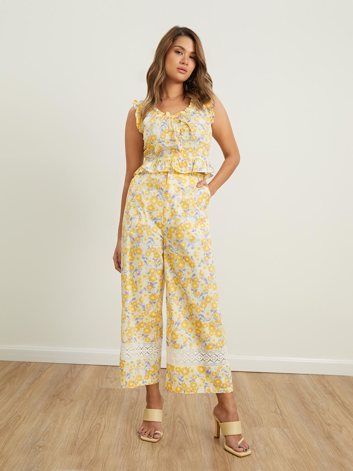 Sustainable Floral Print High Waist Pants - Yellow