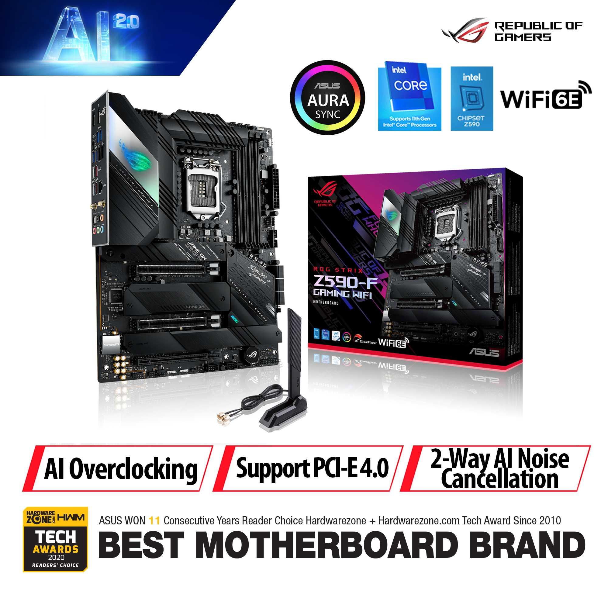 ASUS ROG STRIX Z590-F GAMING WIFI Intel® Z590 LGA 1200 ATX motherboard with PCIe 4.0, 14+2 teamed power stages, Two-Way AI Noise Cancelation, AI Overclocking, AI Cooling, AI Networking, WiFi 6E (802.11ax), Intel® 2.5 Gb Ethernet, four M.2 slots heatsinks