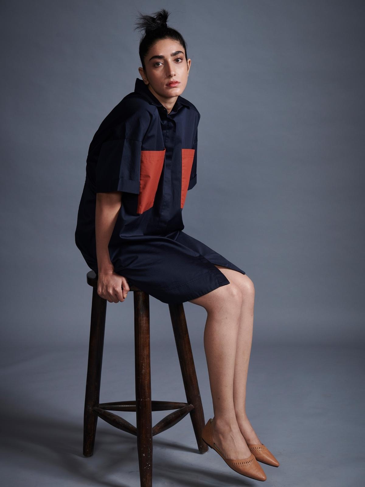 Contrast Pocket Shirt Dress - Navy