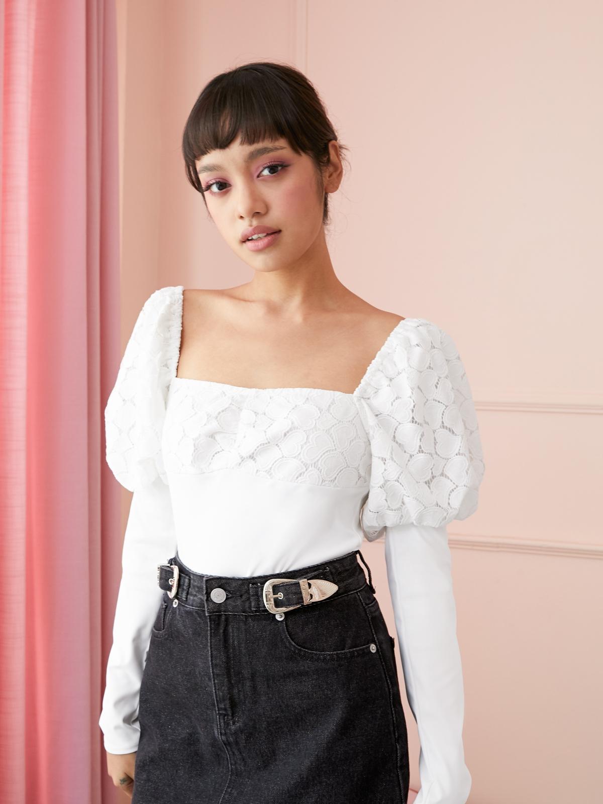 Full Length Puffed Sleeves Bodysuit - White