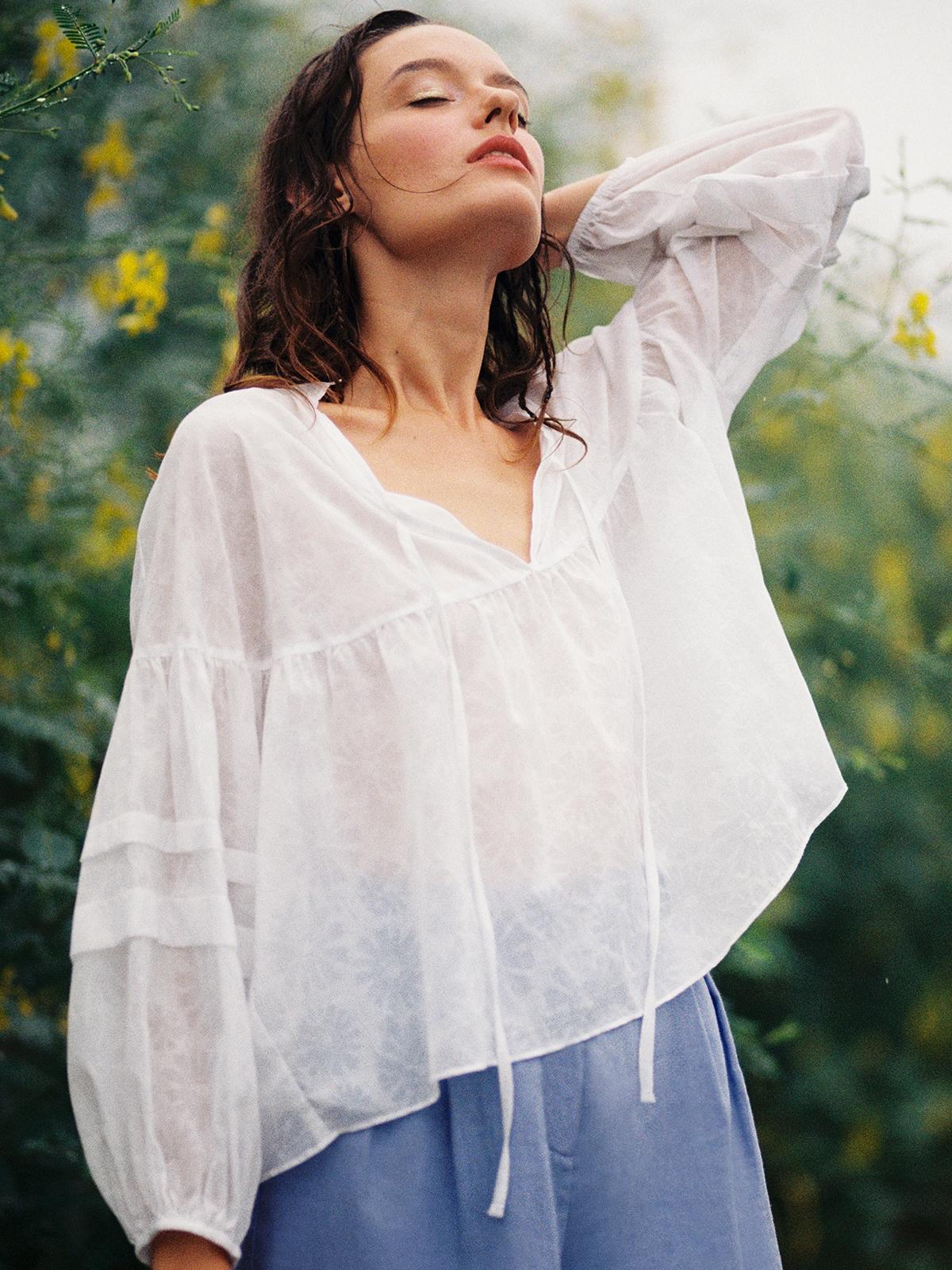 Purpose Sheer Full Sleeves Floral Blouse - White