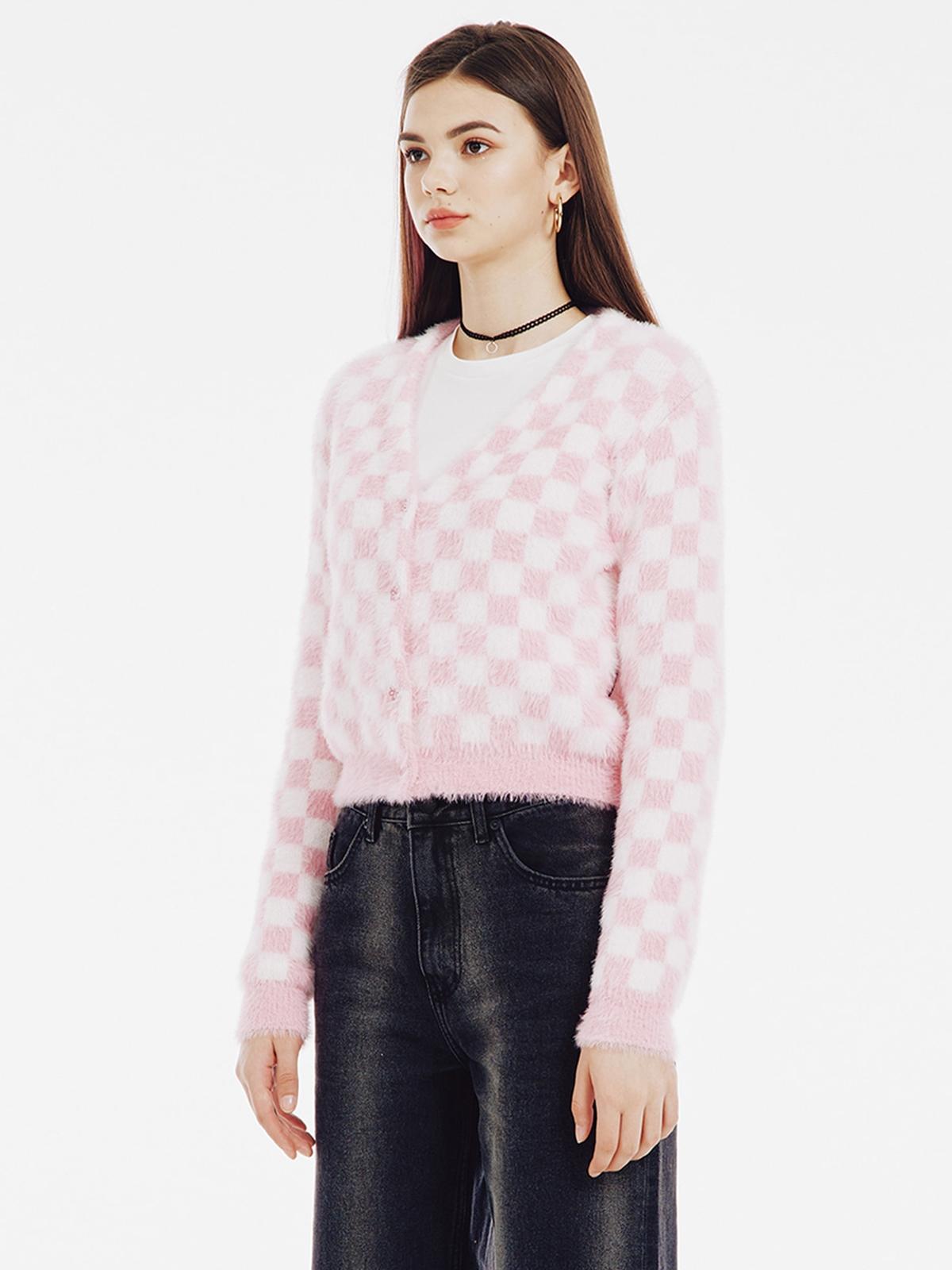 Andtheother X Check Cardigan - Pink