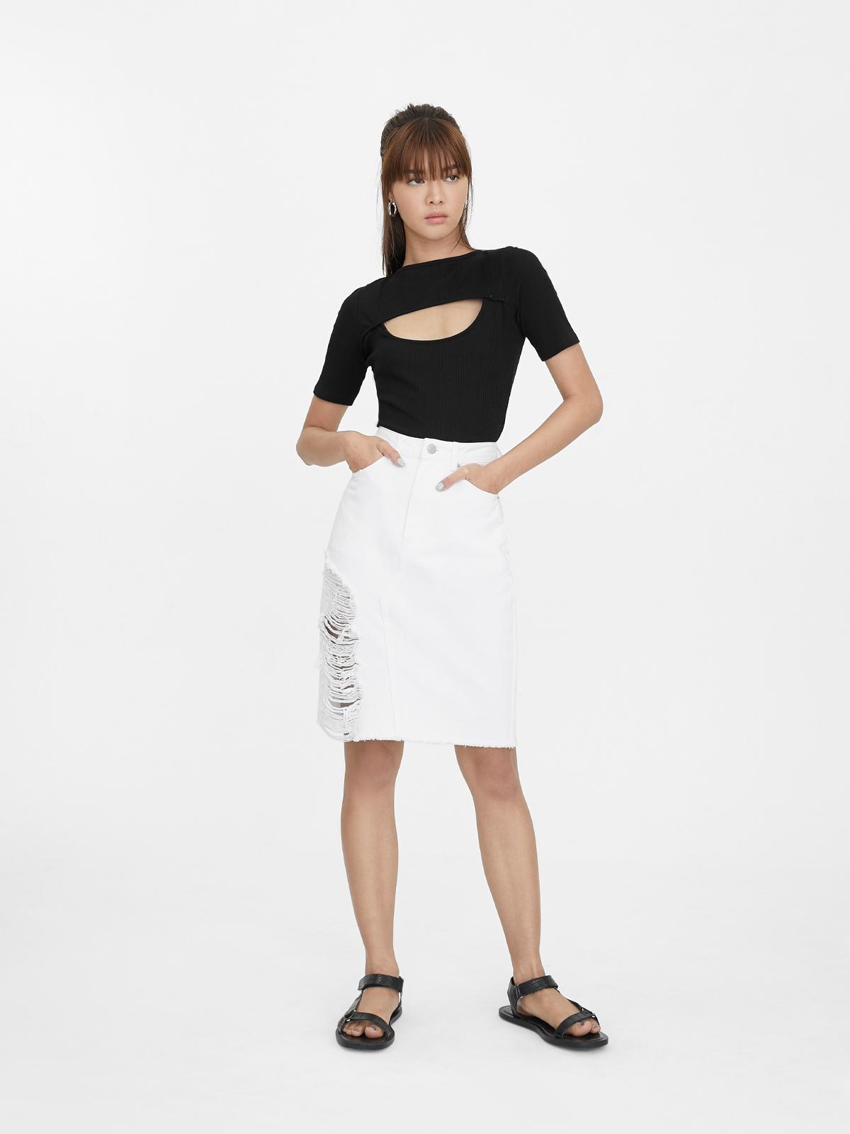 Midi High Waisted Ripped Skirt - White