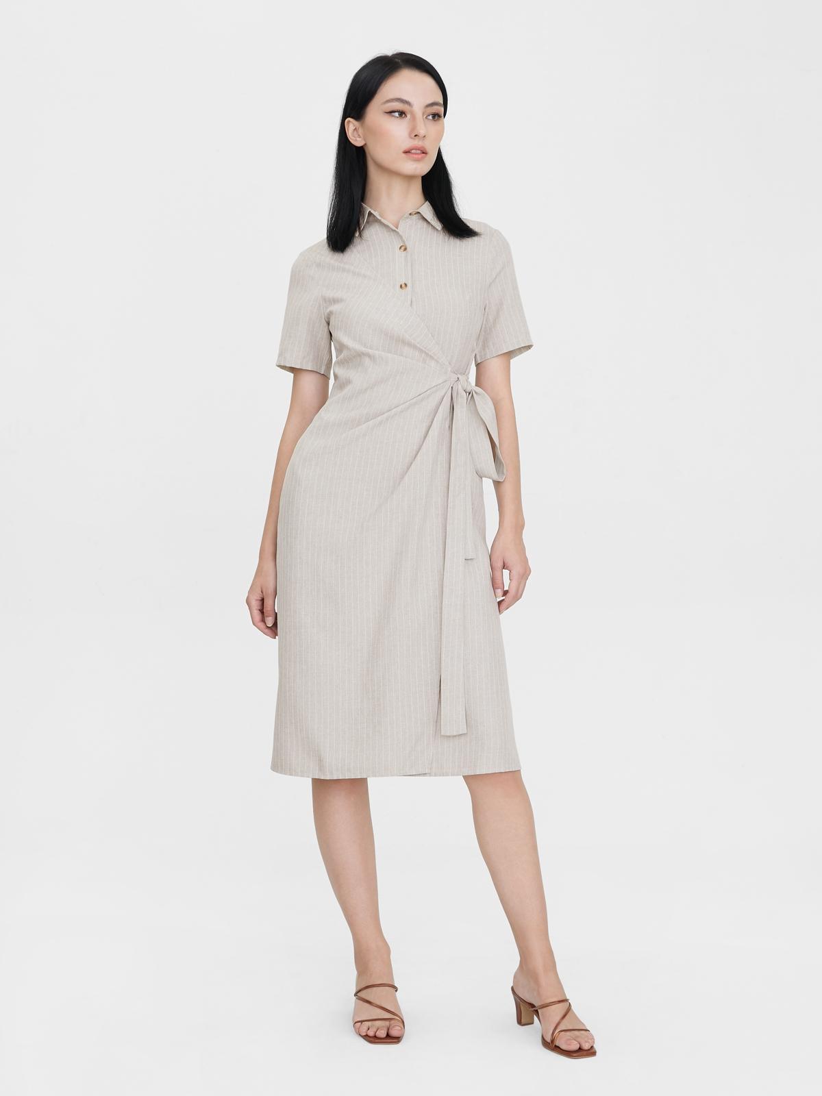 Pinstripe Wrap Shirt Dress - Beige