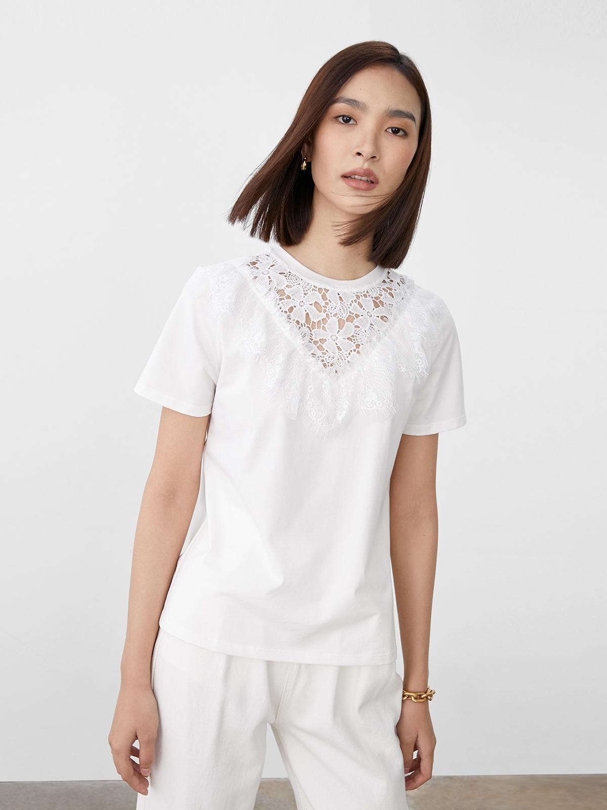 Ruffled Flower Eyelet Top - White
