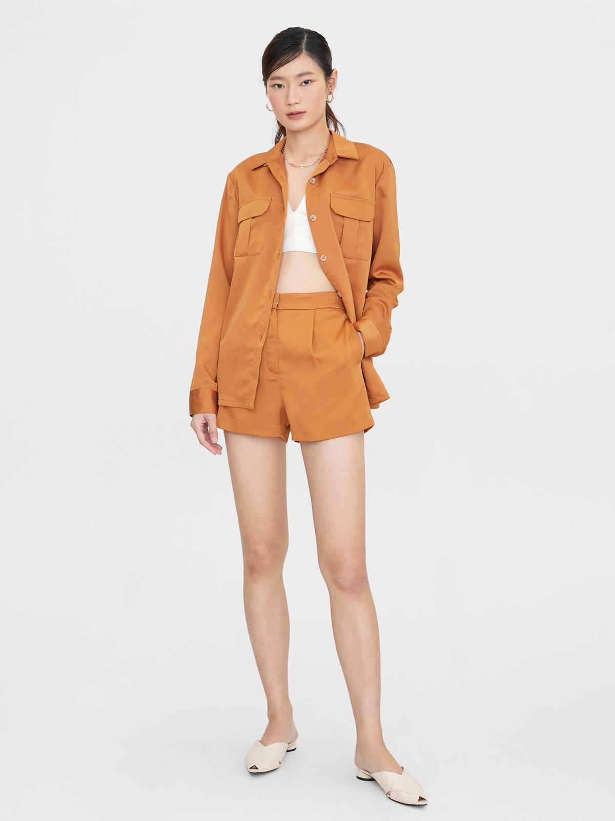 Semi Pleated High Waist Shorts - Brown