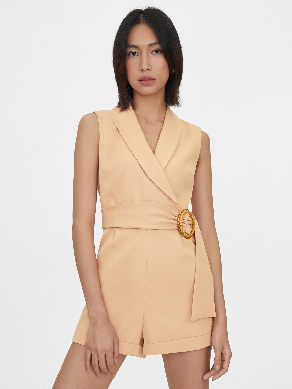 Buckle Belt Sleeveless V Neck Romper - Brown