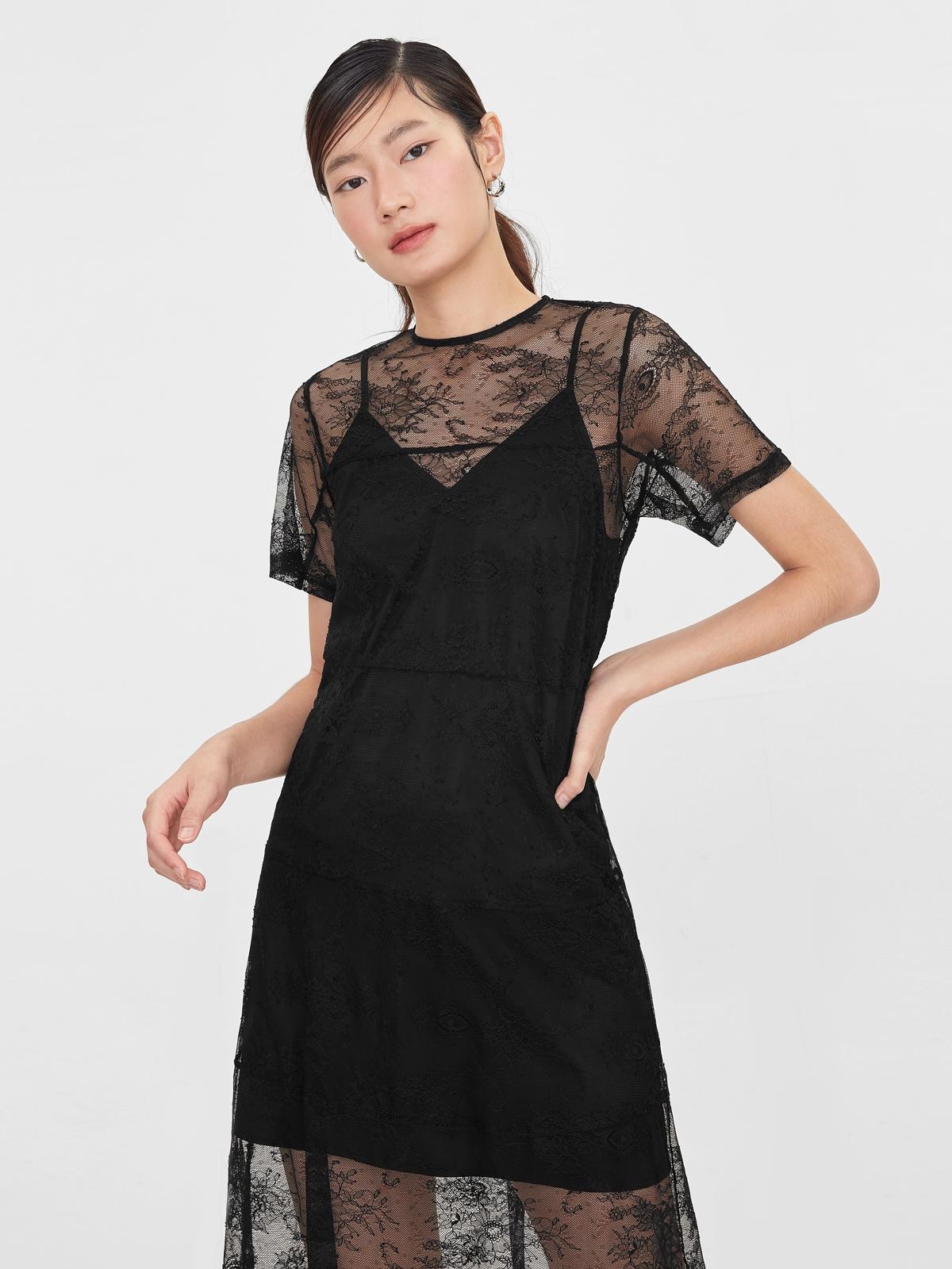 Midi Sheer Lace Dress - Black