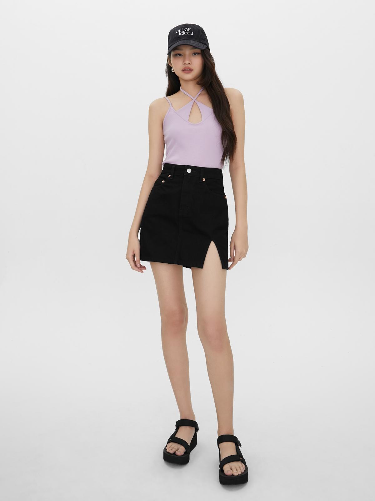 Sustainable Side Slit Denim Skirt - Black