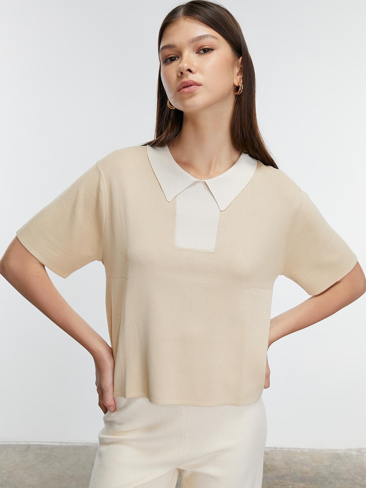 Embroidered Polo Short Sleeve Top - Beige