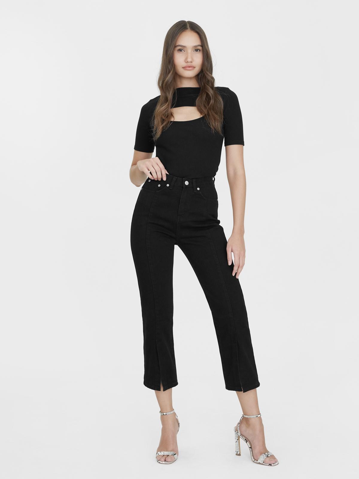 Front Slit High Waist Denim Jeans - Black