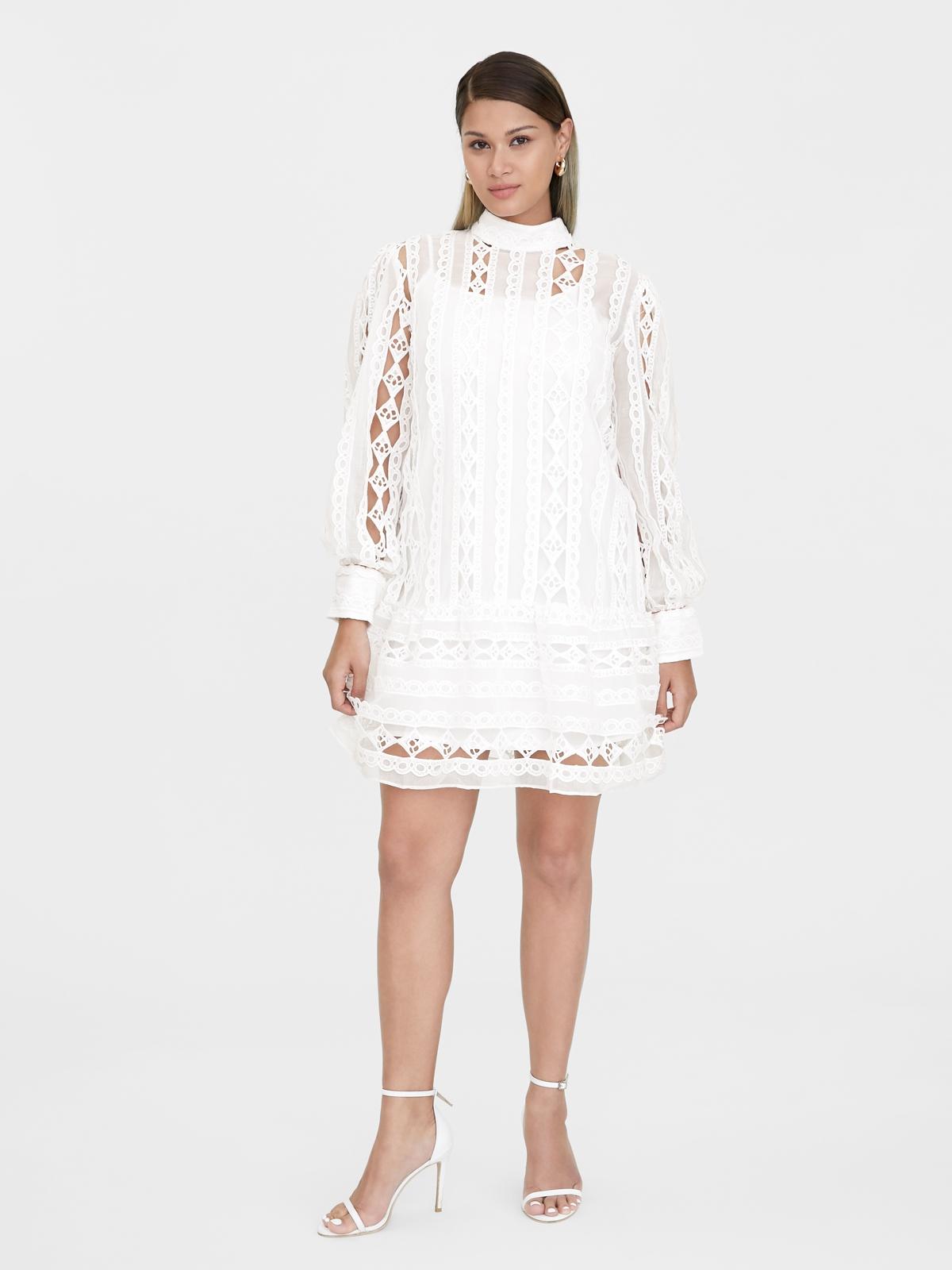 Mini Lace Puffed Sleeves Dress - White