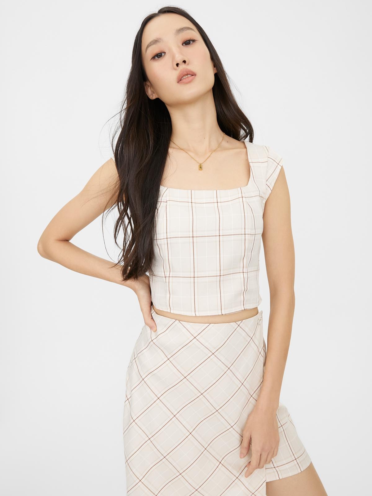 Square Neck Tartan Crop Top - Beige