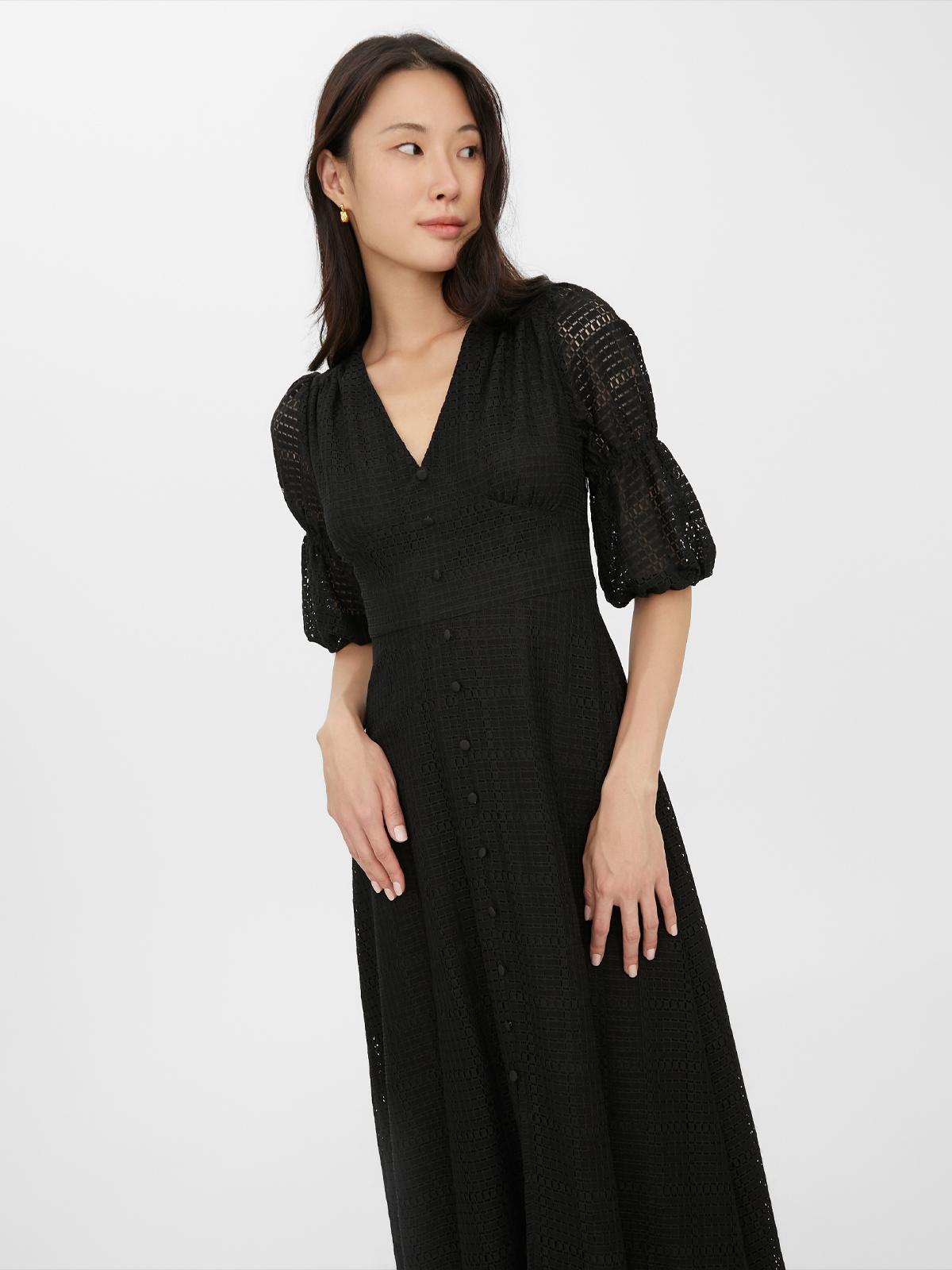 Puffed Sleeve Midi Dress - Black
